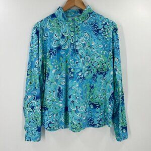 IBKUL XXL Women Long Sleeve Shirt Blue Green Swirl Pattern Nylon Blend Mock Neck
